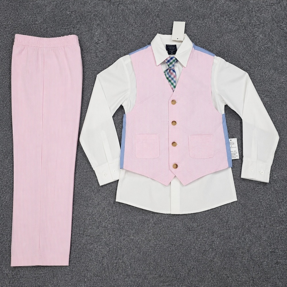 Nautica 4 Piece Set Boys 5 Prism Pink Seersucker Vest Pants Shirt Tie Formal
